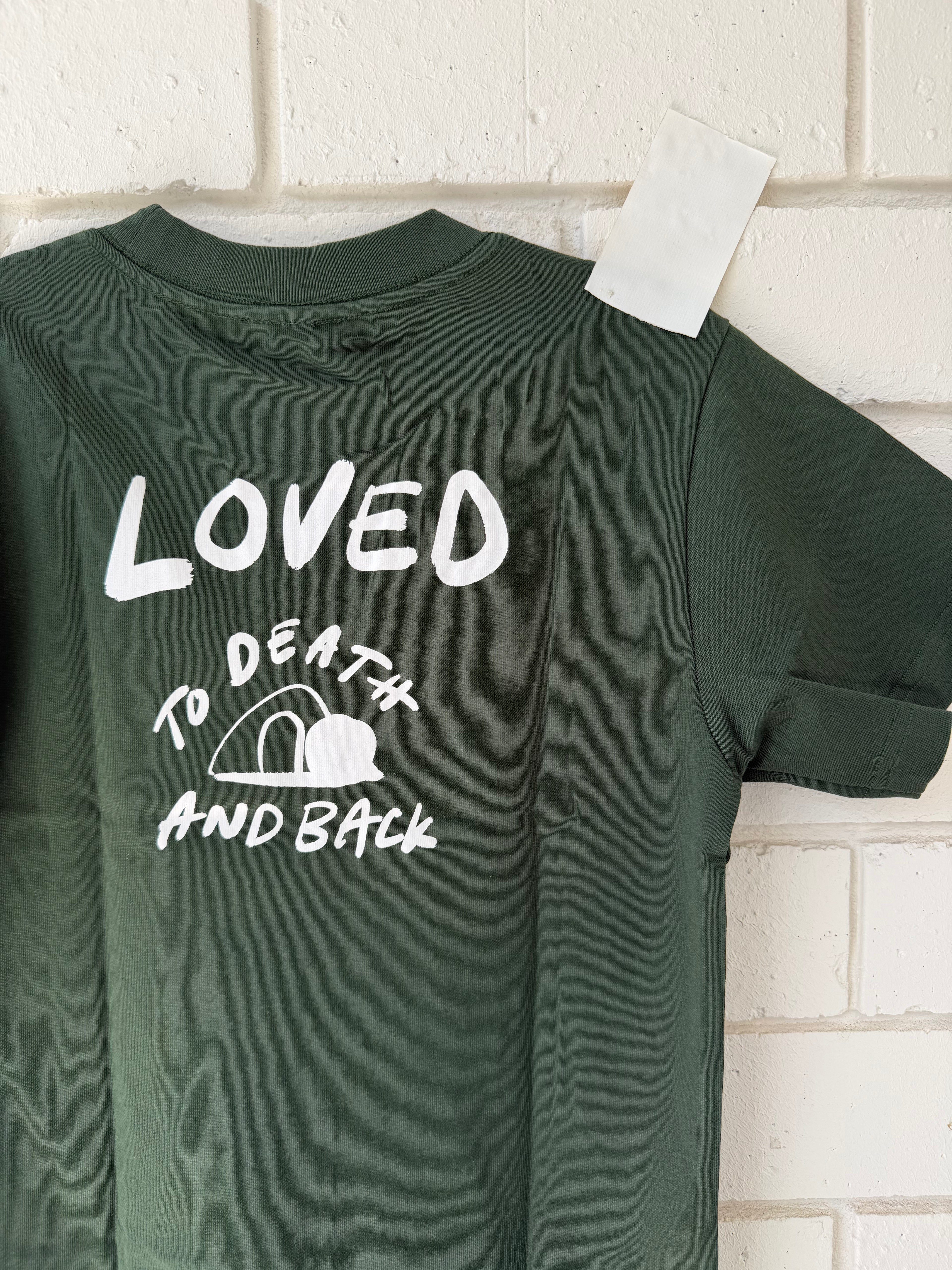 big kids loved to death tee in forest green